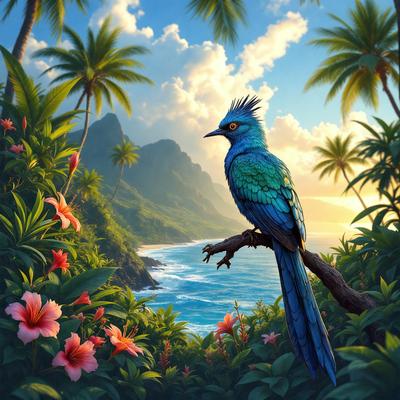 The primary subject of the image is a blue bird perched on a tree branch. The bird is surrounded by a lush, tropical environment, with a beautiful blue sky in the background. The setting includes a beach and a mountain, creating a serene and picturesque scene. The visual style of the image is a digital art or illustration, with vibrant colors and a detailed, realistic representation of the bird and its surroundings. The overall atmosphere of the image is one of tranquility and natural beauty.